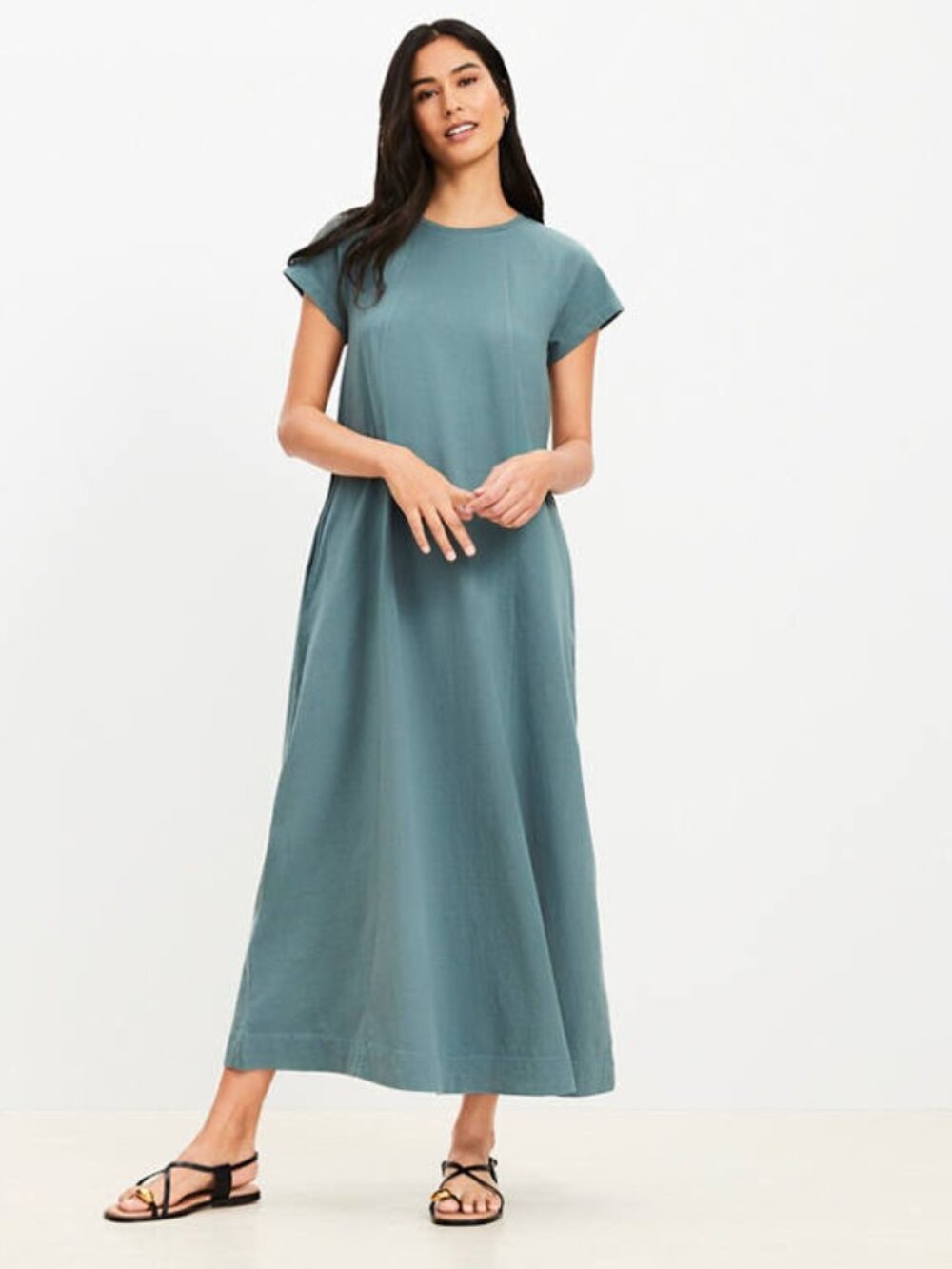 Petite XXS Cotton Jersey T-Shirt Maxi Dress Pockets! Cap Sleeve GREY TEAL